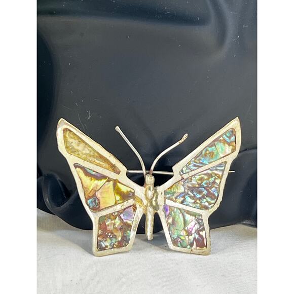 Vintage Mexican Silver Butterfly Brooch Abalone Shell Inlay Stained Glass Look - Picture 1 of 16